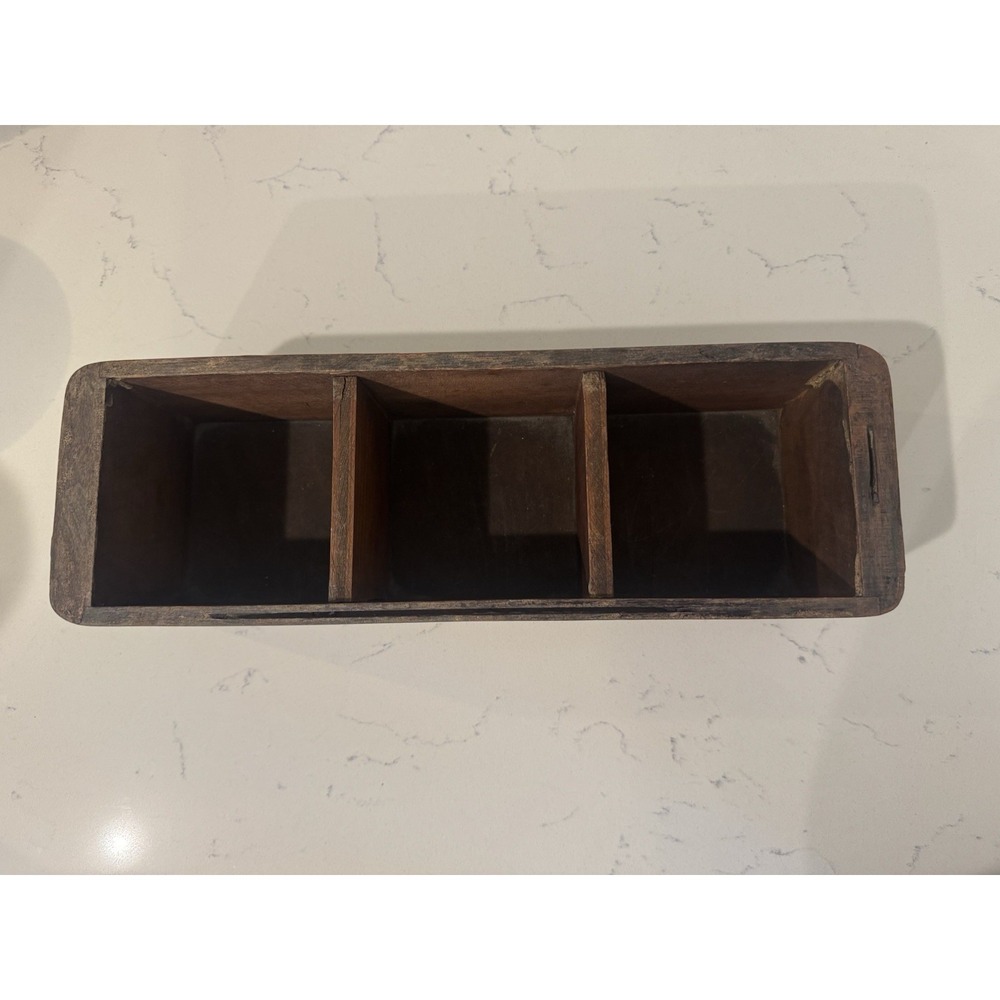 Vintage Carved Wood Box 3 Slot Farmhouse Kitchen Holder/Organizer Rustic Decor - Picture 7 of 15